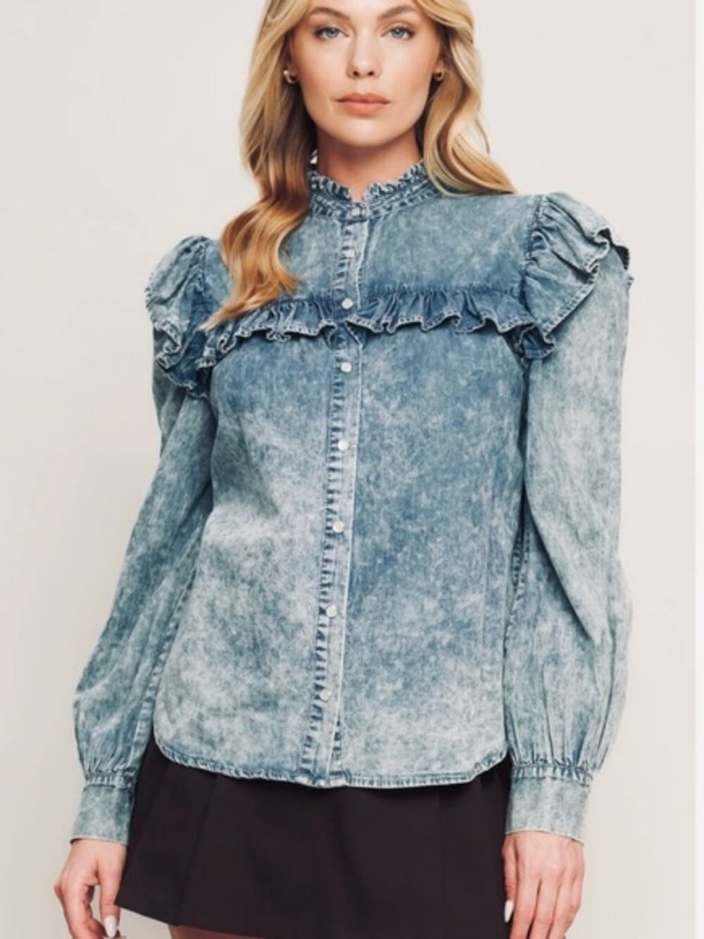 Flying Monkey Prairie Ruffle Denim Blouse Shirt Size: L